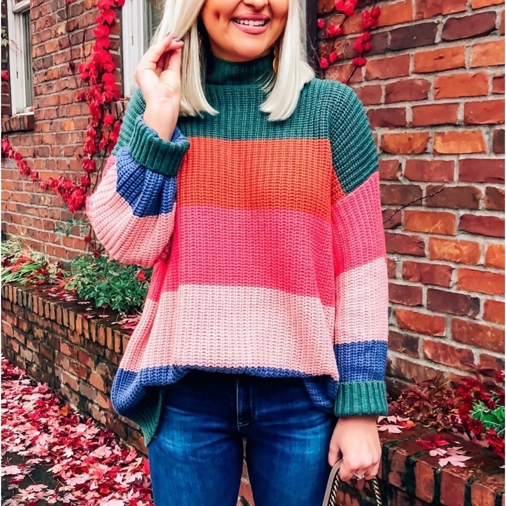 American Eagle Oversized Multicolor Striped Mock Neck Knit Sweater Size XS